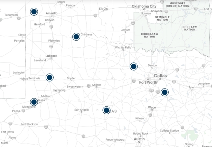 Image map of Texas with markers indicating LANWT locations